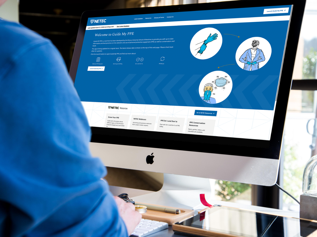 NETEC PPE web app on a computer display. The screen says Welcome to Guide My PPE