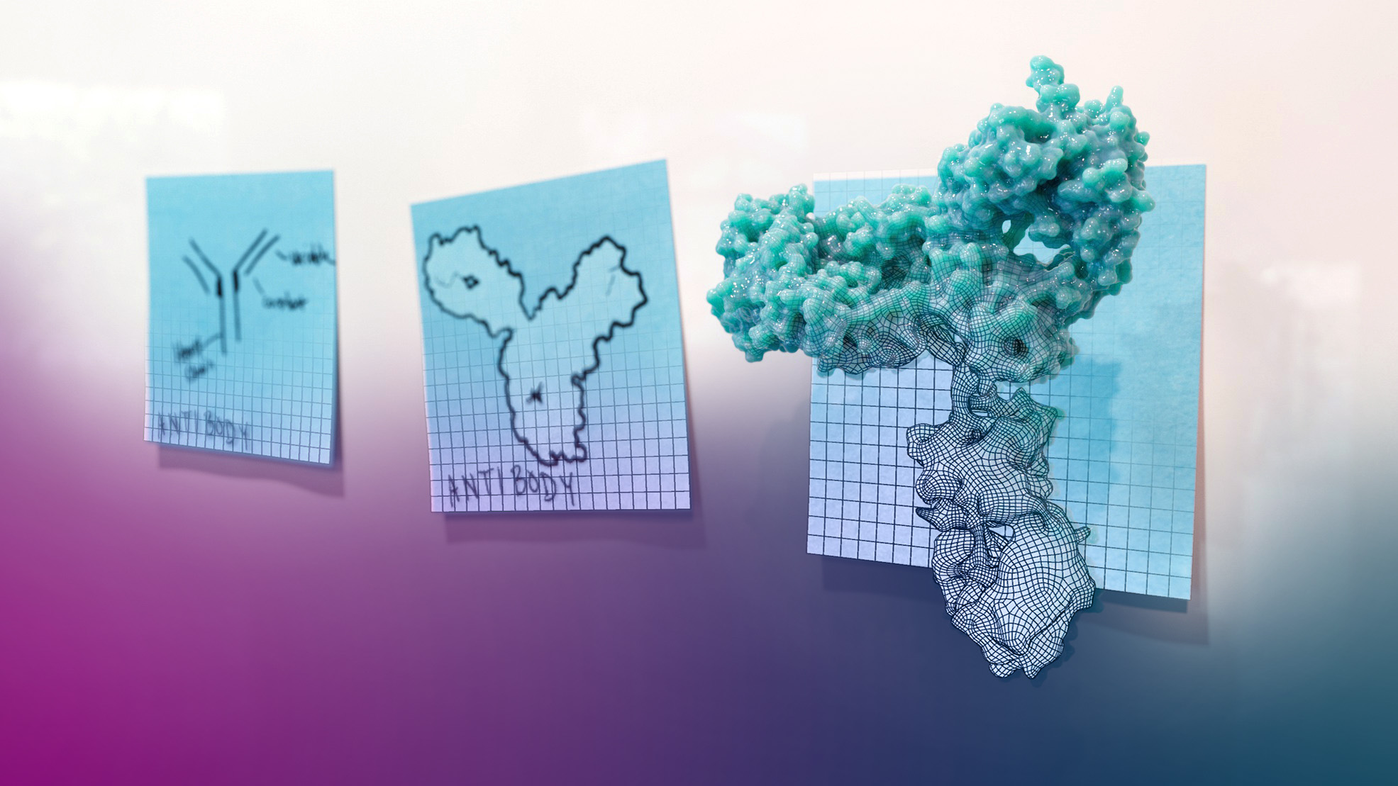 Design thinking, represented by three sticky notes on a board, a progression of an antibody from sketch to 3d generated.