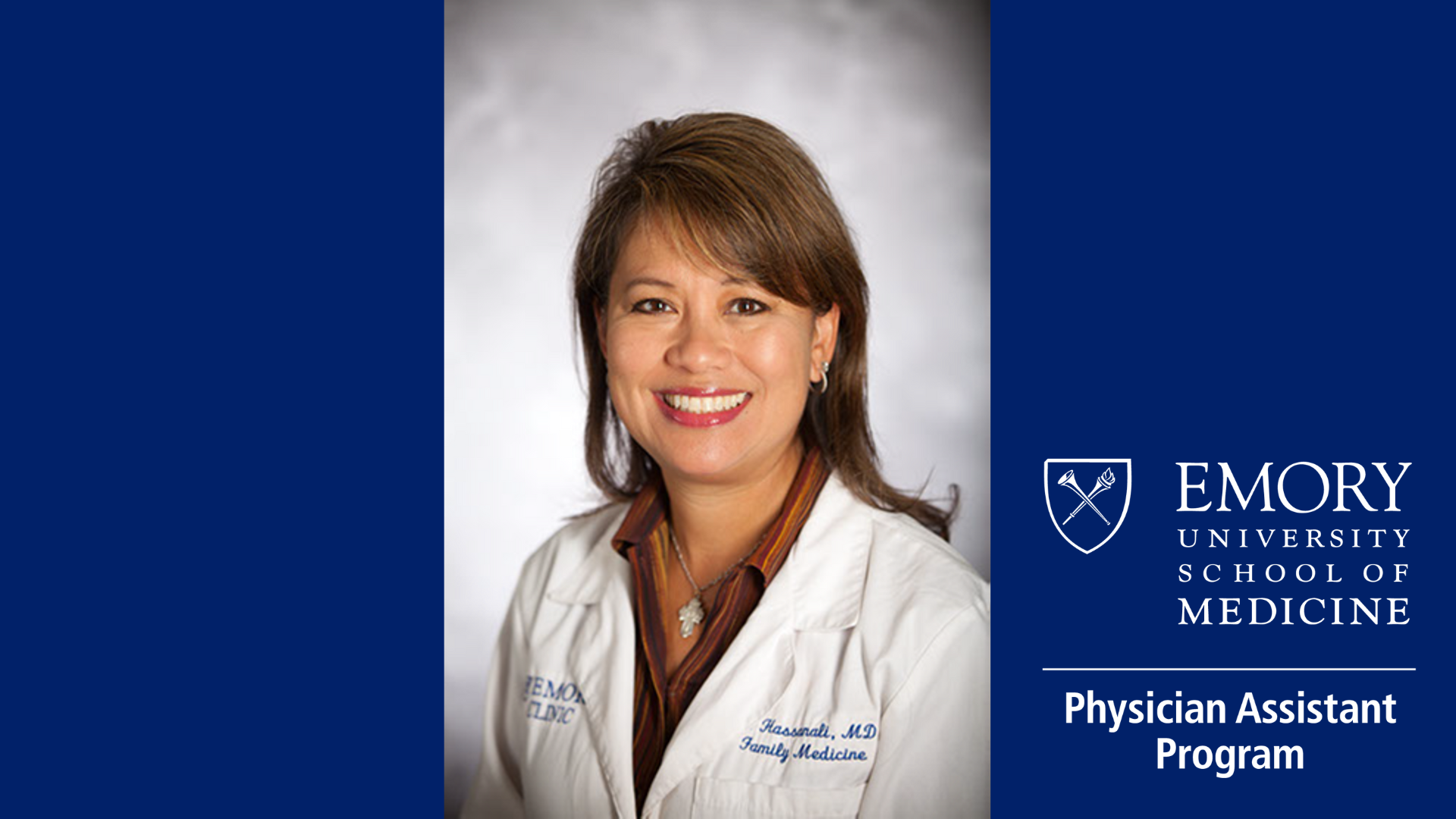 Dr. Susana Alfonso in white coat; Emory University School of Medicine Physician Assistant logo