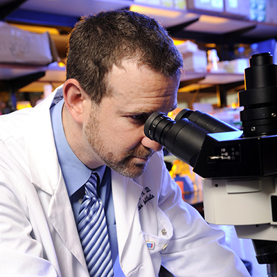 Dr. Adam Marcus looking into microscope.