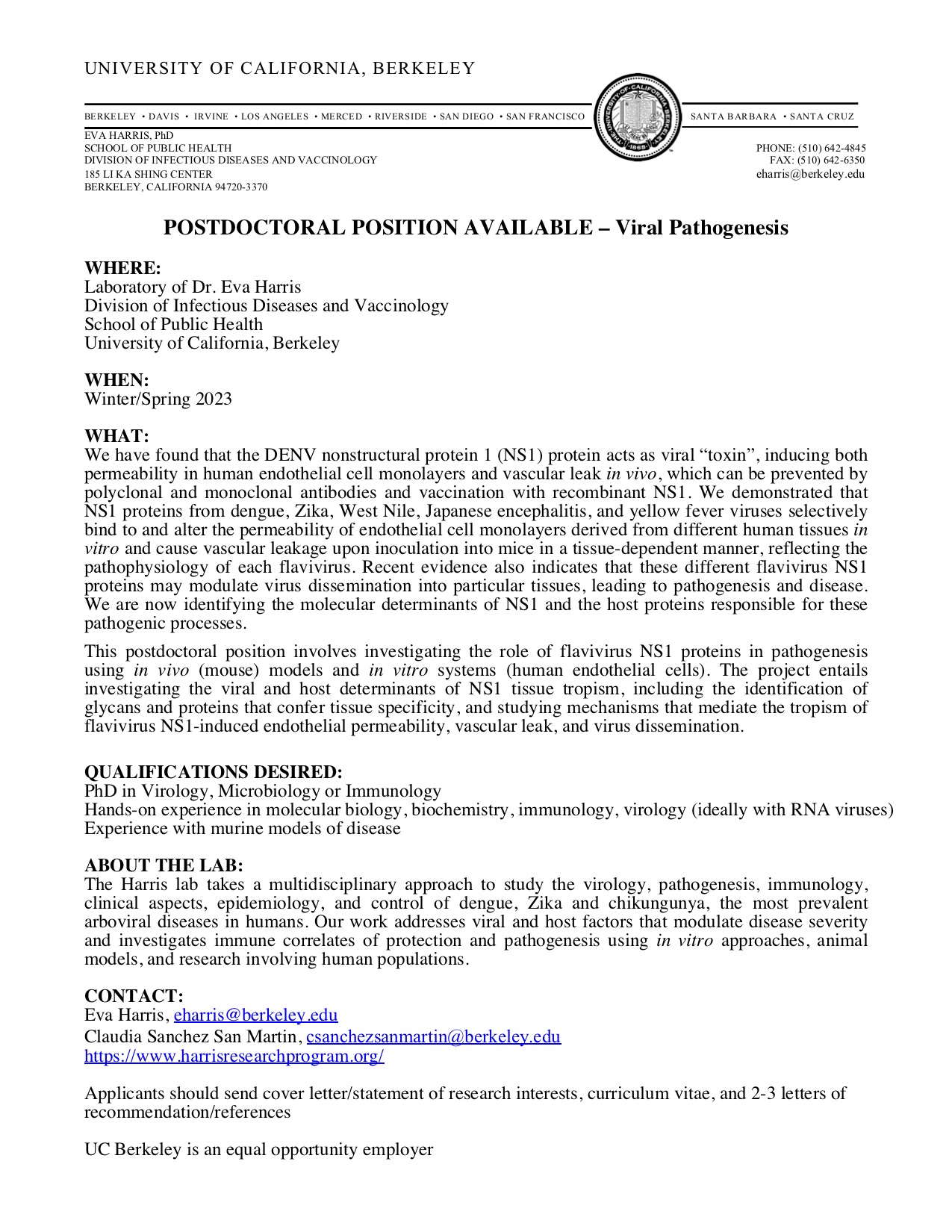 postdoc position harris lab viral pathogenesis 2022