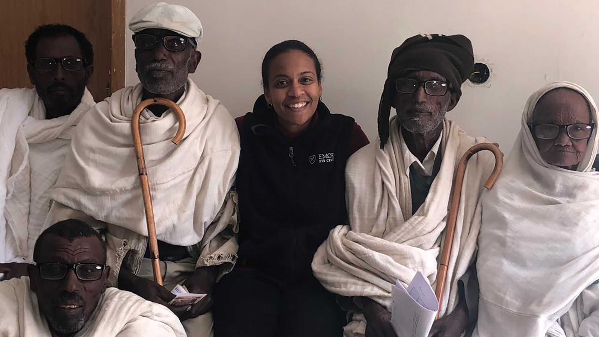 6 patients waiting to be seen at an Ethiopian eye clinic