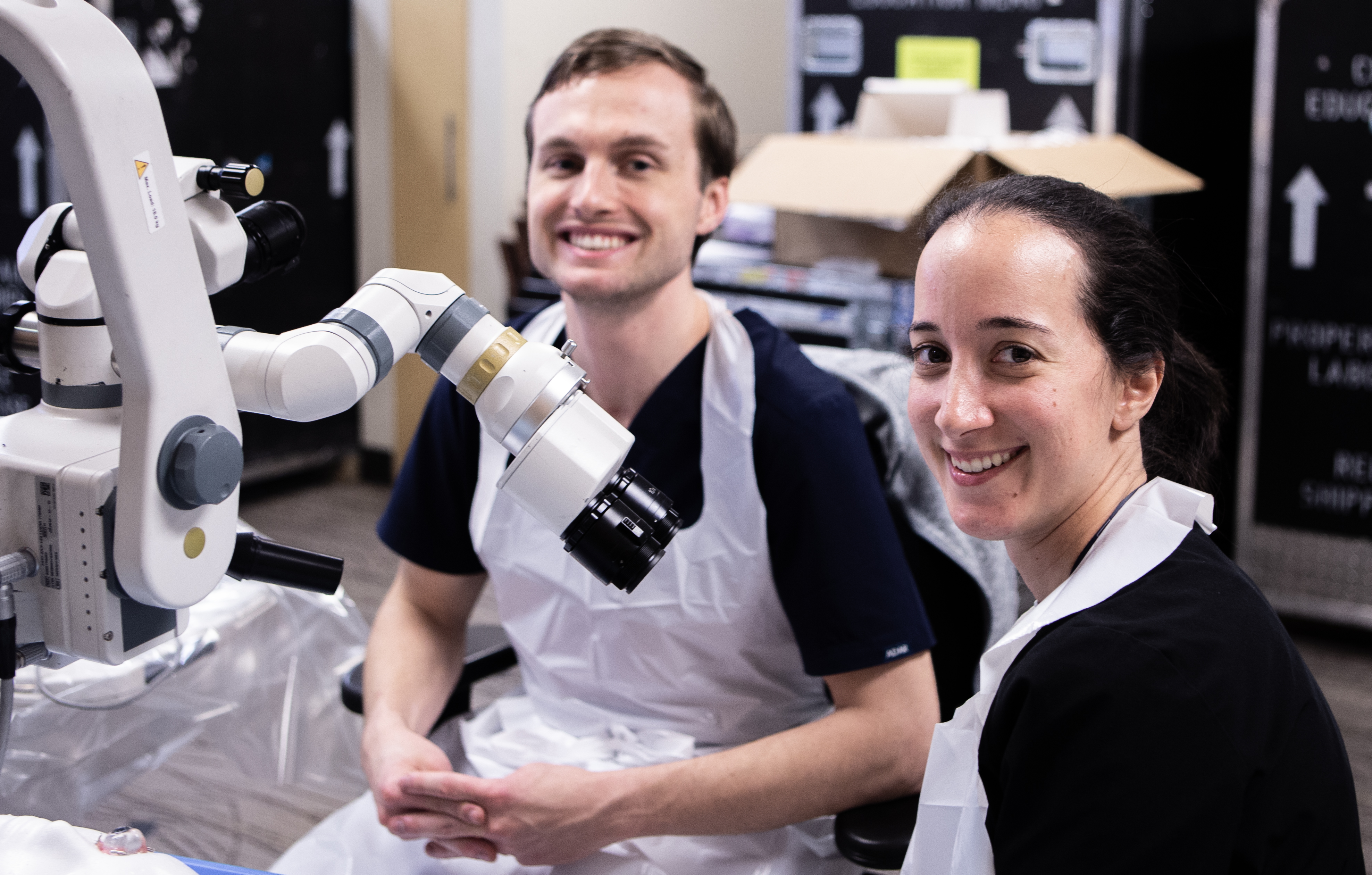 two residents taking a break during a wetlab