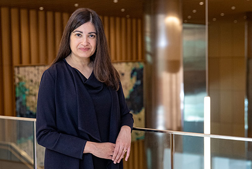 Dr. Reshma Jagsi in lobby of Winship at Emory Midtown.