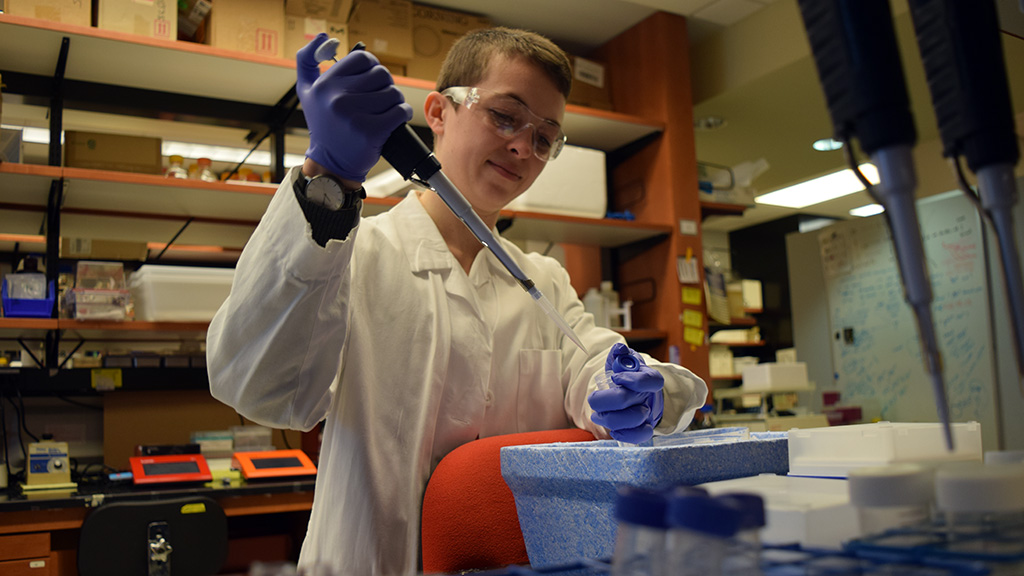 Kesarwala lab research fellow Jenna Bingham working in the lab.