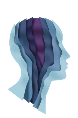 graphic of a person's head sillhouette in shades of blue