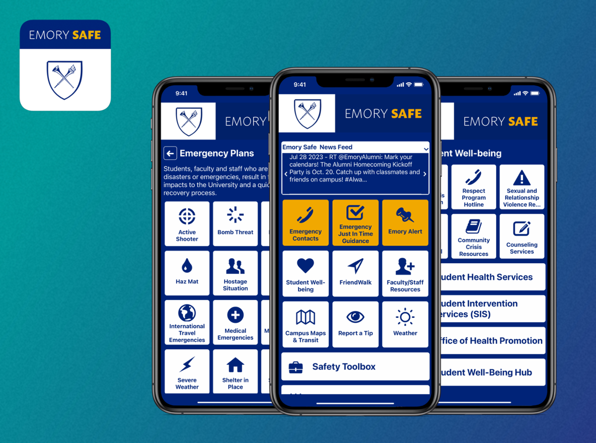 graphic showing what Emory Safe app looks like on a smart phone with icons and words for navigation