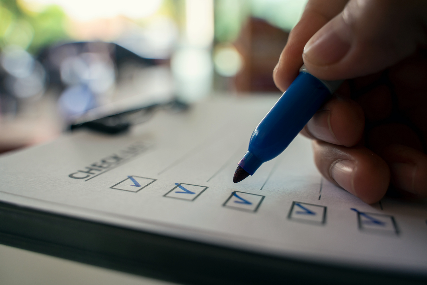 photo of a person's hand holding a pen and making check marks down a list