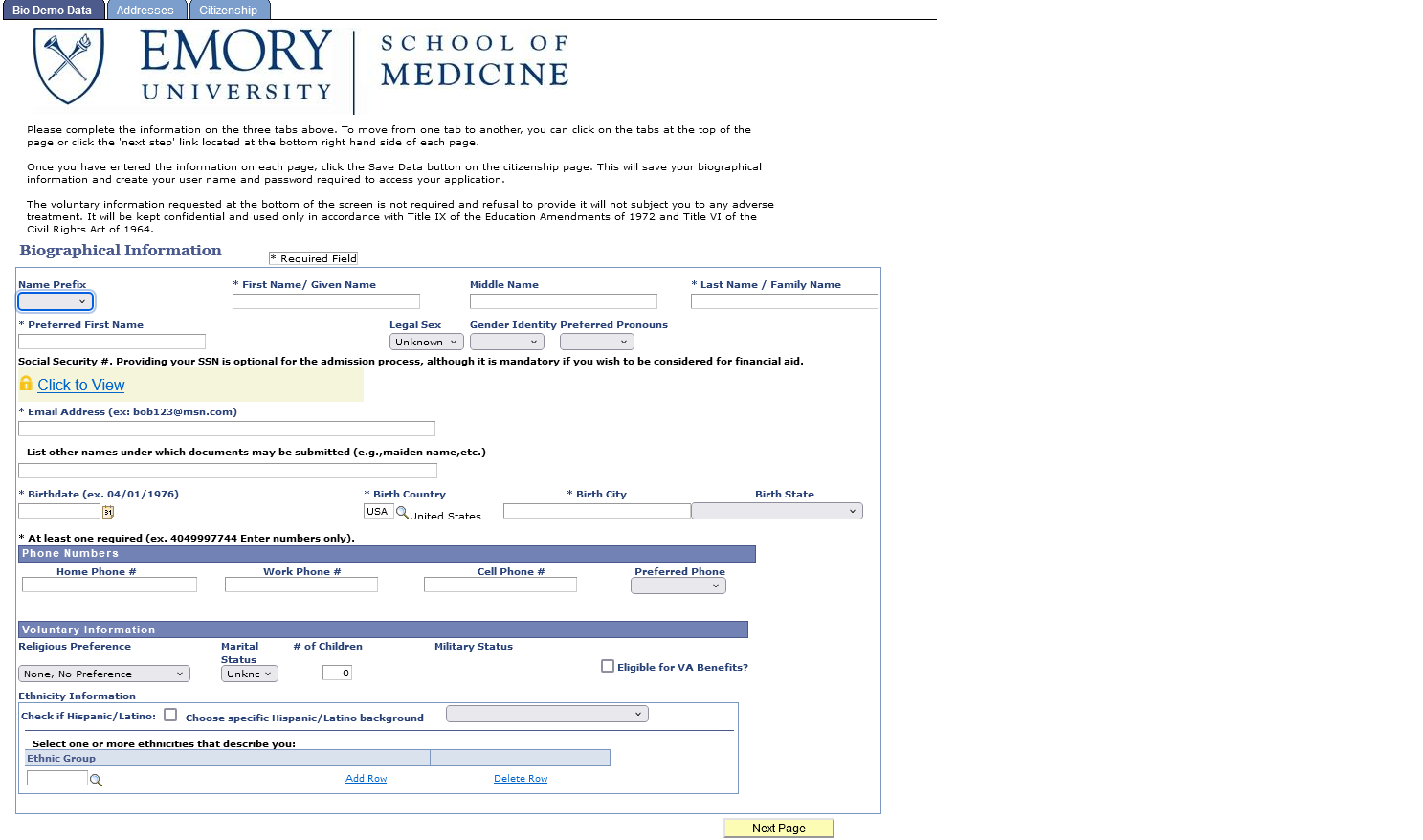 screenshot of the web page where an applicant creates an online account