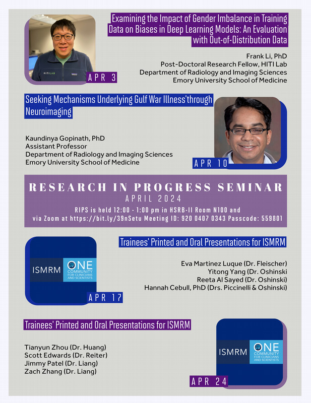 flyer listing Frank Li as presenting April 3 and Kaundinya Gopinath presenting April 10 and students presenting April 17 and 24