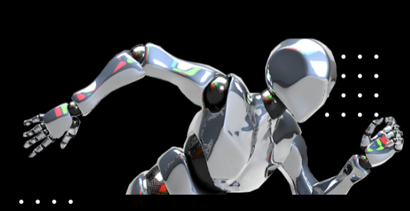 shiny silver robot posed as if running