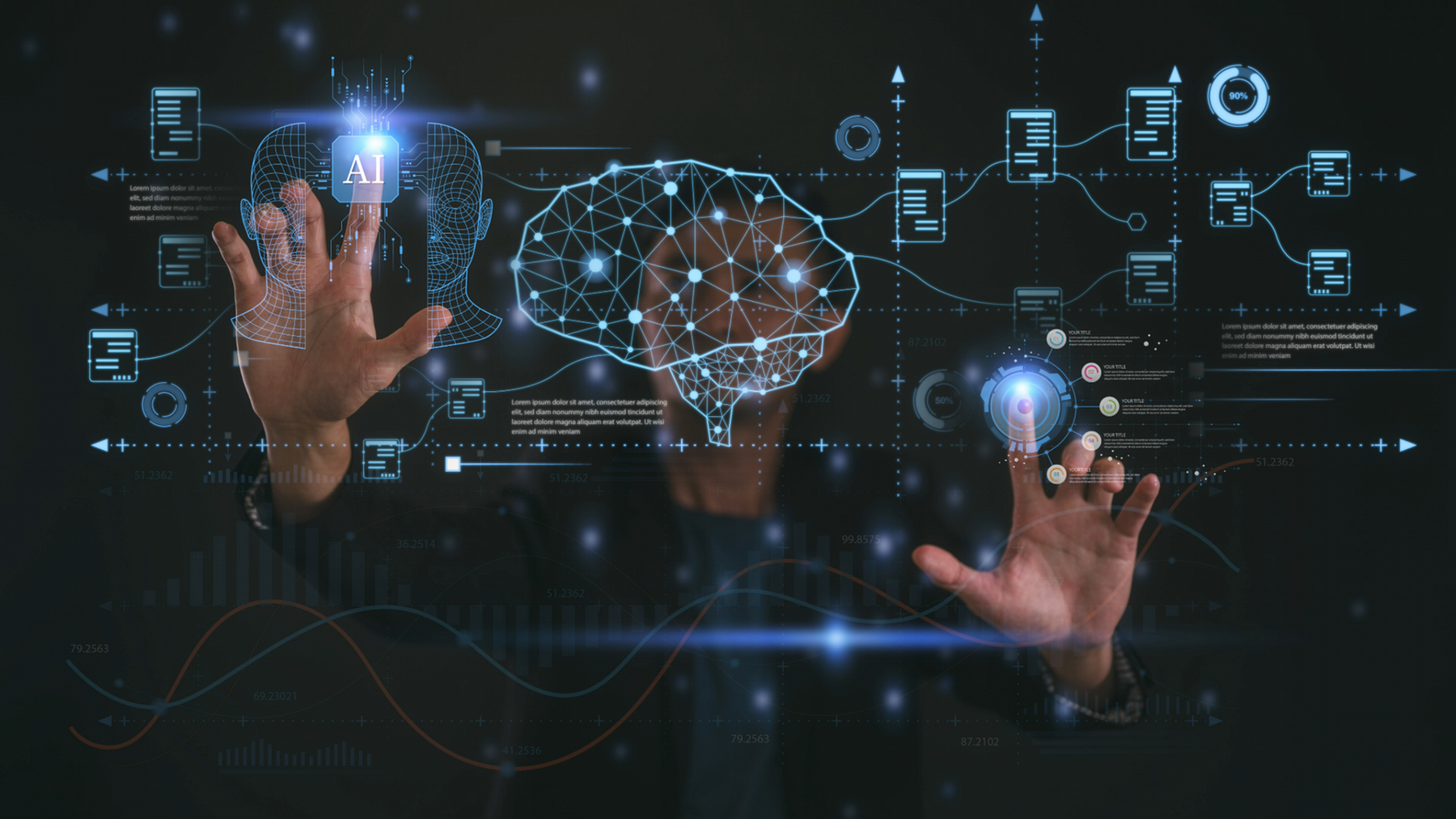 blue lines and images of brain and AI