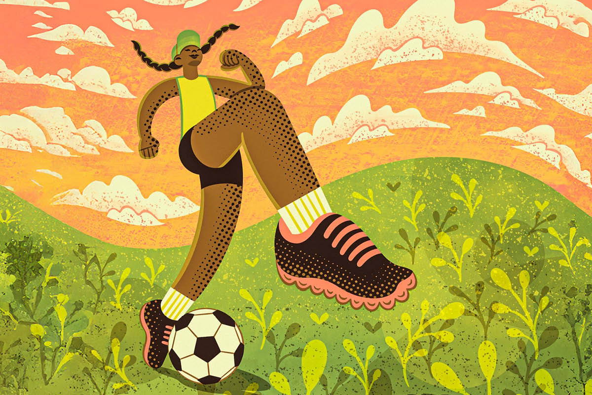 illustration of a girl with pigtail braids kicking a soccer ball through grass