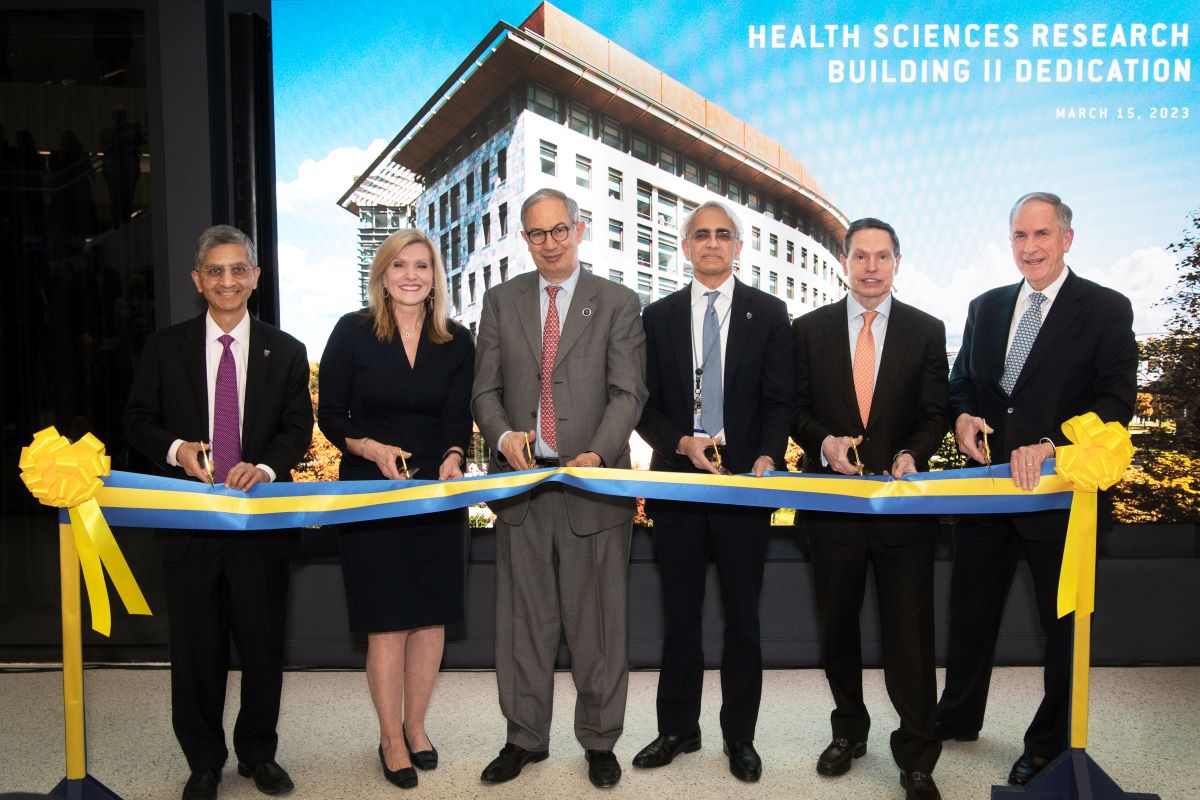 (Left to right) Vikas Sukhatme, Donna Hyland, Carlos del Rio, Ravi Thadhani, Bob Goddard and David Stephens cut the ceremonial ribbon during the dedication.